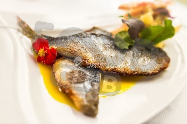 Филе сибаса с томатами под яблочно-морковным соусом 10 шт